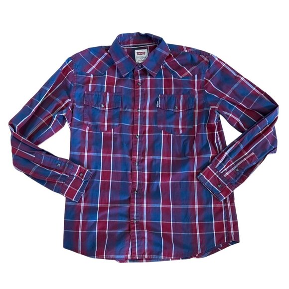 Levis Other - Levis Western Shirt L Mens Modern Fit Long Sleeve Plaid Snap Button Red & Blue